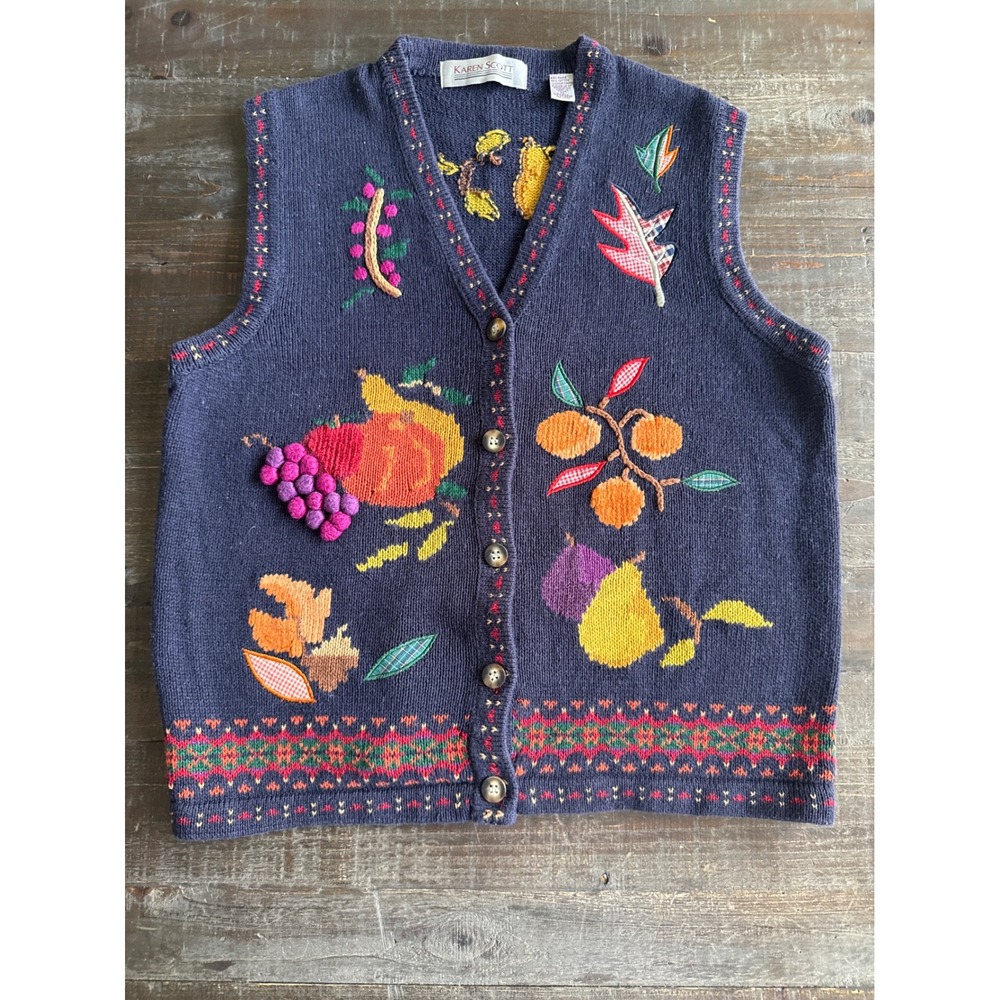 Karen Scott Y2K Navy Fruit Harvest Knit Sweater Vest Medium Pom Pom Grapes